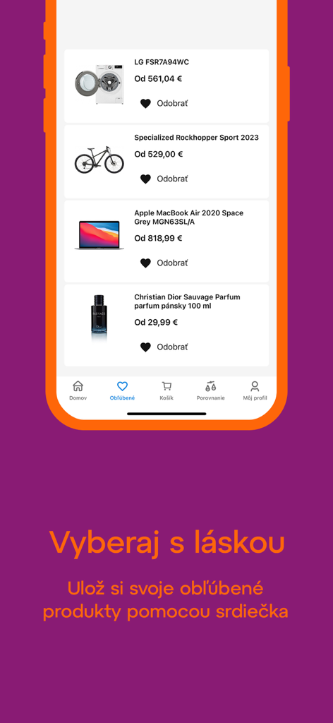 Un écran de smartphone montrant la fonction de liste de souhaits dans l'application d'achat Heureka avec divers produits.