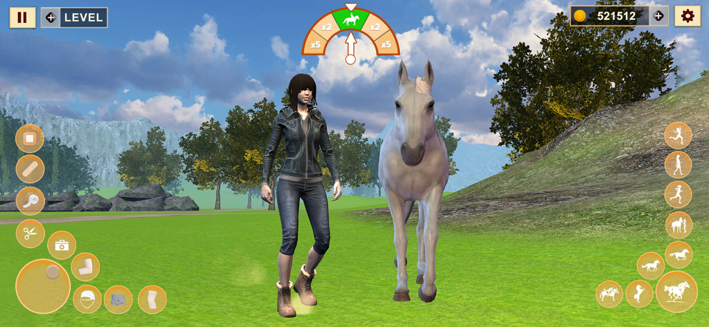 A female character and a white horse standing in a grassy field with a mountainous background and game UI elements