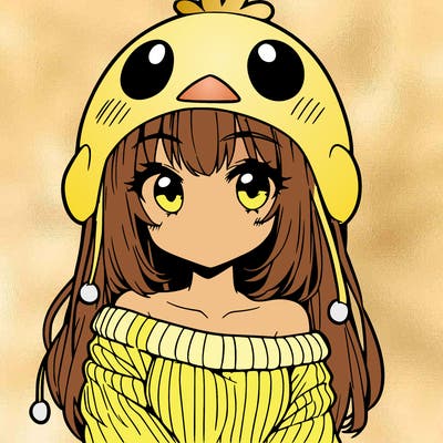 anime girl with chick shaped hat with sweater with bare shoulders with bangs covering them one eye with low tail