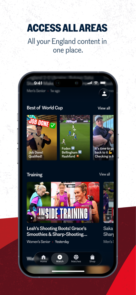 The Official England App - Captura de pantalla de La Aplicación Oficial de Inglaterra que muestra contenido de video de fútbol exclusivo y material de entrenamiento