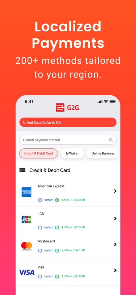 G2G - G2G app interface showing localized payment methods in USD including Visa and Mastercard.