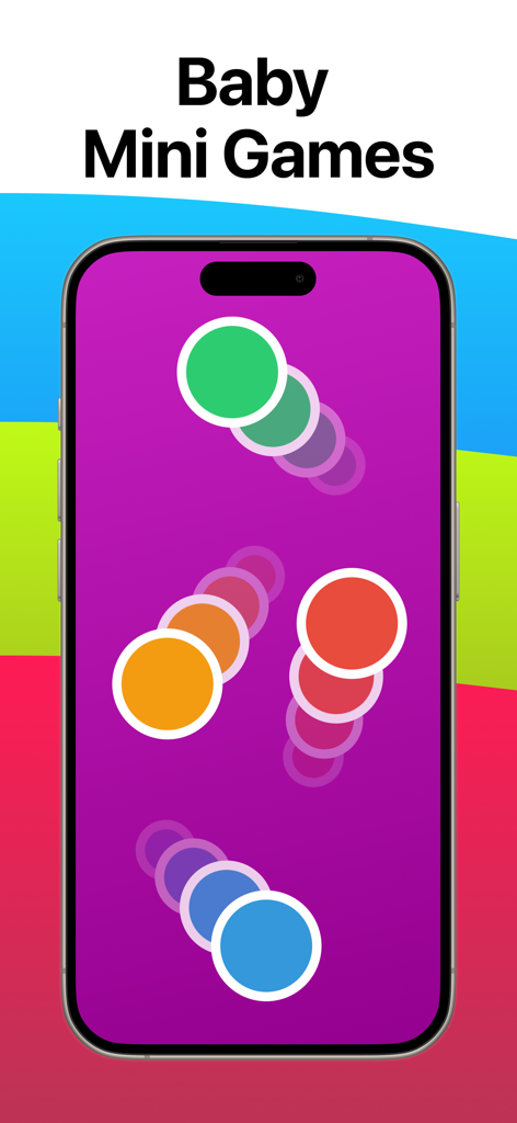 Color Dots for Baby & Infants - Tela de smartphone mostrando pontos coloridos em movimento em um mini jogo sensorial para bebês
