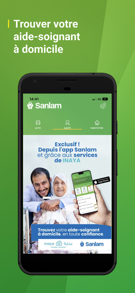 Sanlam Maroc - Sanlam Maroc app interface showing health insurance features for finding home care assistants in Morocco