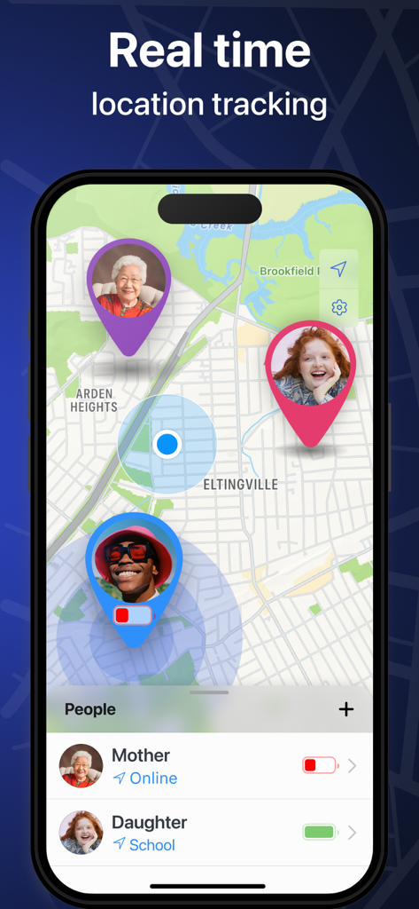 Find my Phone – Family Locator - A smartphone displaying a real-time location tracking map of family members with status updates.
