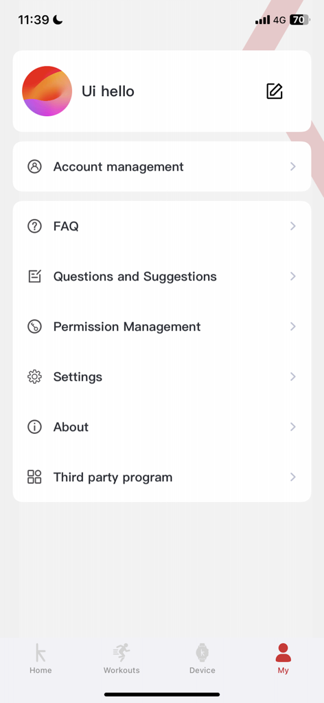 Écran de profil utilisateur et de paramètres de l'application compagnon pour smartwatch Kstyle OS.