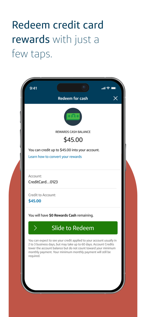 Capital One Mobile app interface for redeeming credit card rewards cash balance