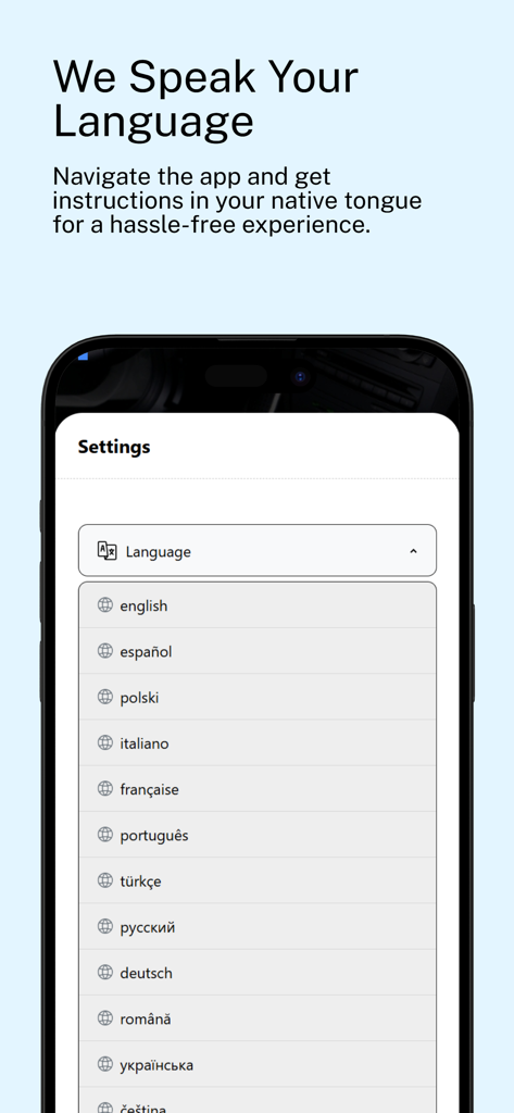 Radio Codes - German Cars - Multilingual language selection menu in the Radio Codes German Cars app