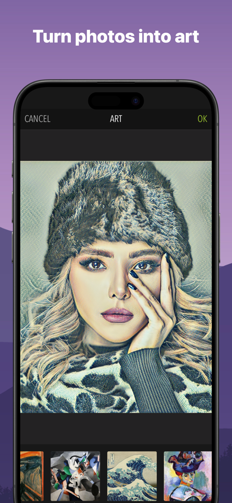 PicPoc - Photo Editor AI - A woman's portrait being transformed into a painting using AI art filters in the PicPoc photo editor app