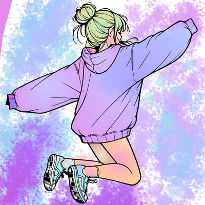 realistic girl jumping with a bun and oversized sweatshirt