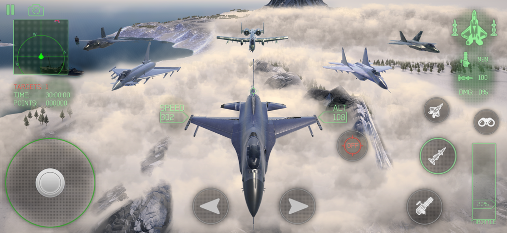 Fighter Jet Combat : Warzone - A group of modern fighter jets flying in formation over snowy mountains and clouds in the Fighter Jet Combat Warzone mobile game.