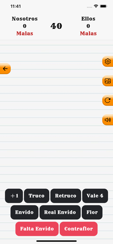 Anotador: Truco - Una interfaz de marcador digital para el juego de cartas Truco con columnas de puntuación de equipo y botones de acción específicos del juego sobre un fondo de papel rayado