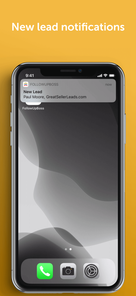 Follow Up Boss - Pantalla del iPhone mostrando una notificación de nuevo lead inmobiliario de Follow Up Boss