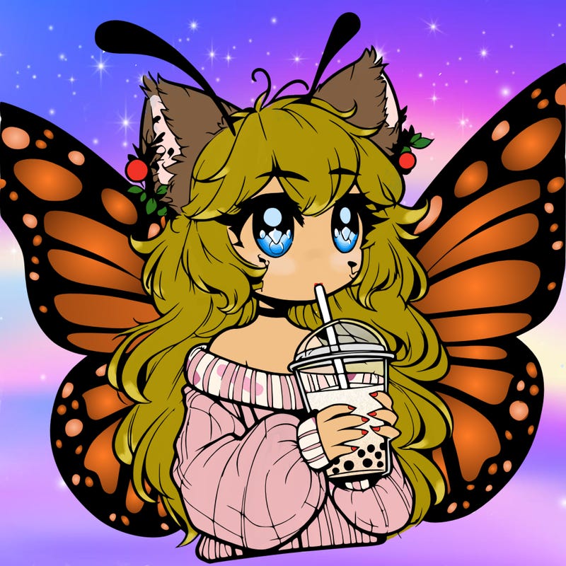 a realistic butterfly/furry girl drinking boba
