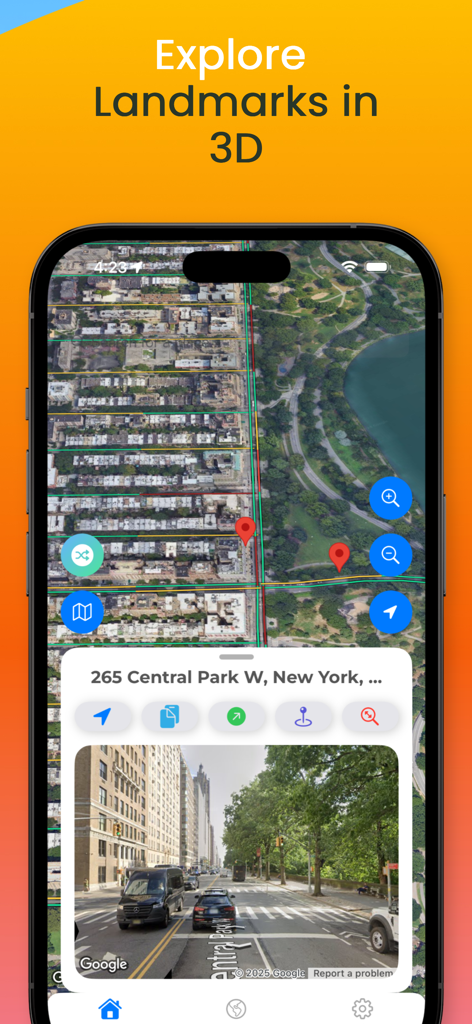 Lite Maps: 3D & Street View - Lite Maps app showing a satellite map and a live street view of Central Park West in New York