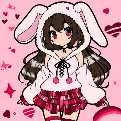 pretty anime girl wearing a fluffy hoodie with bunny ears on the hood and a skirt