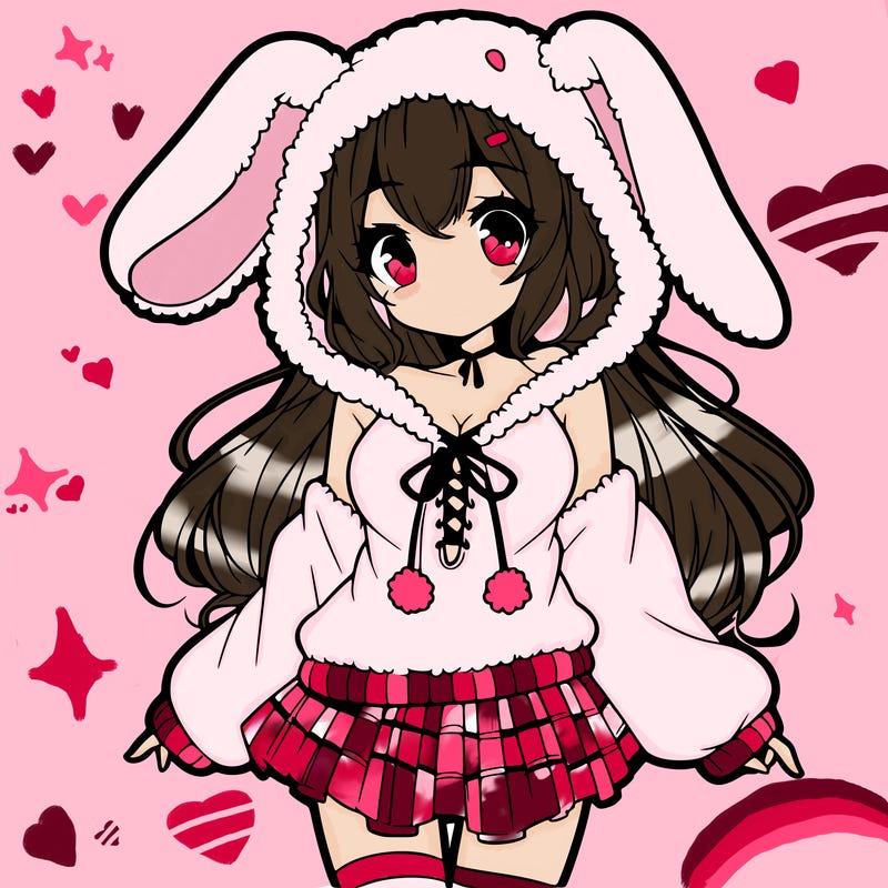 pretty anime girl wearing a fluffy hoodie with bunny ears on the hood and a skirt