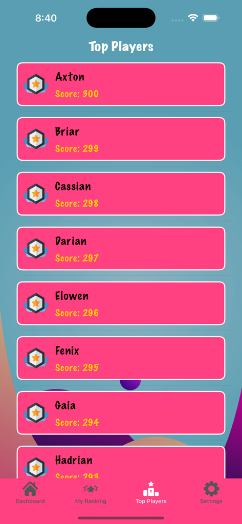 Robz - The top players leaderboard screen in the Robz app showing user rankings and scores.