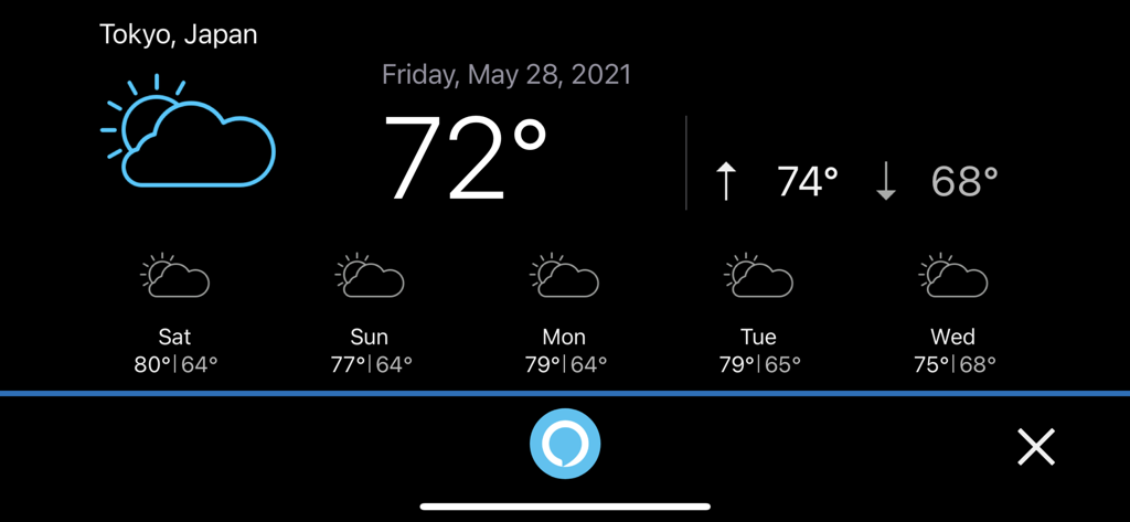 Weather forecast display on the Pioneer Smart Sync app dashboard