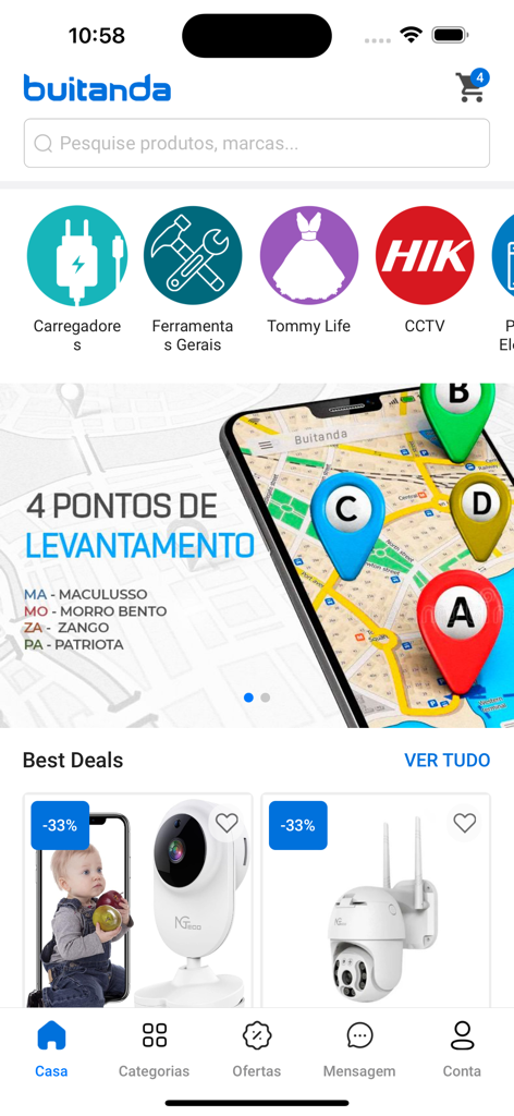 Buitanda app home screen featuring wholesale product categories and a map showing pickup points in Angola