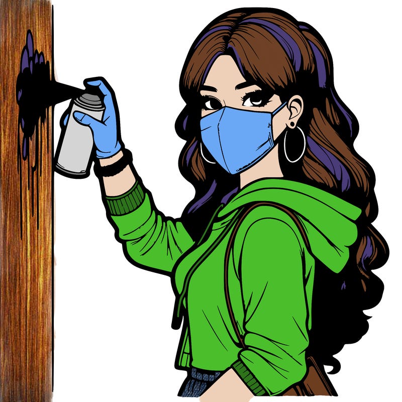 realistic girl with mask spray painting a wall