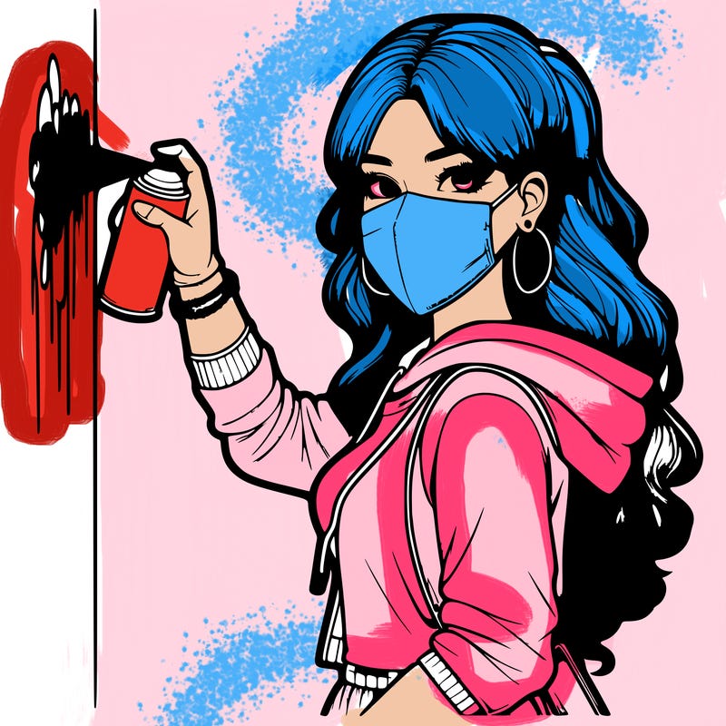 realistic girl with mask spray painting a wall