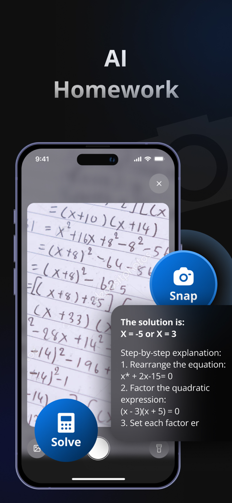 AI Chat on - My Assistant Pro - AI Assistant Pro app interface demonstrating the snap and solve feature for a handwritten math equation