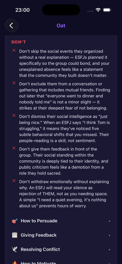 VerType: Personality Types - VerType mobile app screenshot showing a list of communication tips and social advice for interacting with an ESFJ personality type.