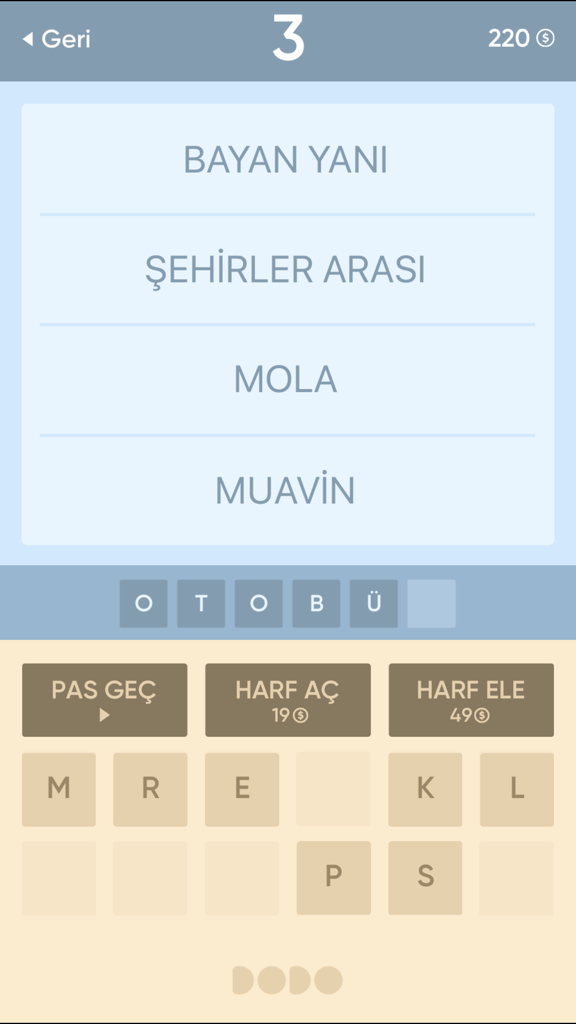 Resimsiz Kelime Bulmaca - A screenshot of the Turkish word puzzle game interface showing level three with four clue words and letter slots to solve the puzzle