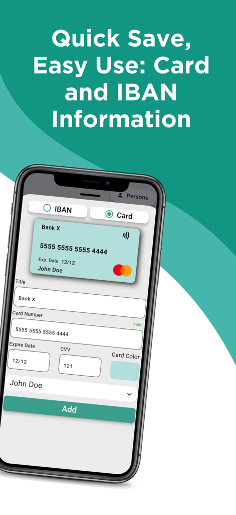 IBAN & Card - Mobile app interface for adding and managing IBAN and credit card information securely