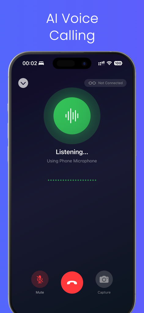 AnyLLM - AnyLLM app interface showing the AI voice calling feature with a listening status indicator.