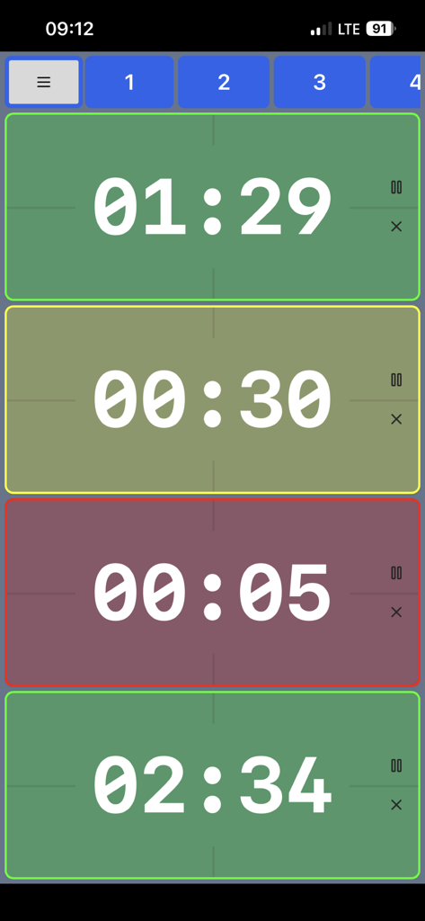 Kitchen-Timer Pro - A minimalist mobile app interface displaying four active cooking timers running simultaneously with different color coded backgrounds