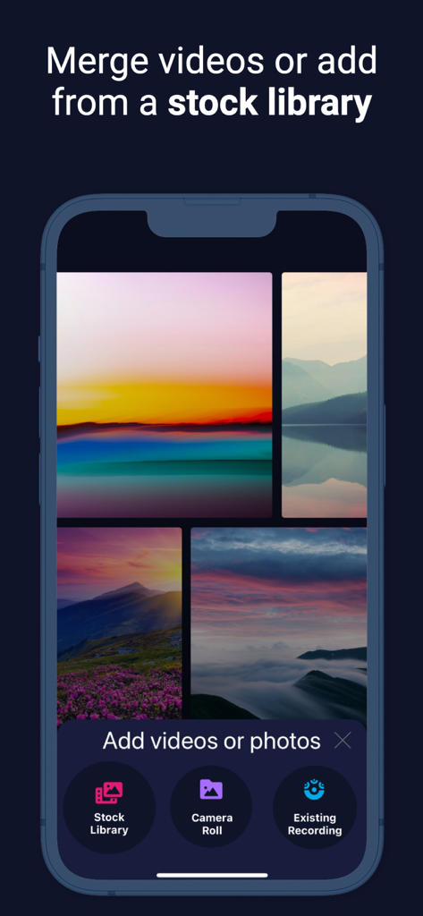 Interfaz de la aplicación ScreenPal para fusionar videos y añadir contenido de una biblioteca de stock