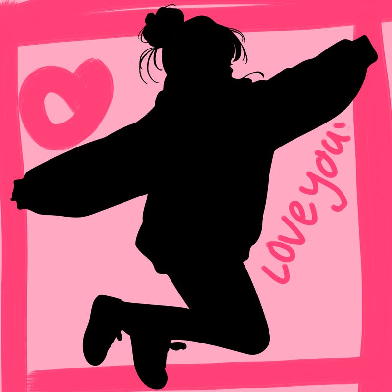 realistic girl jumping with a bun and oversized sweatshirt