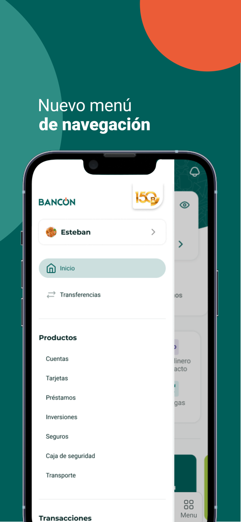Bancon app navigation menu screen showing banking options