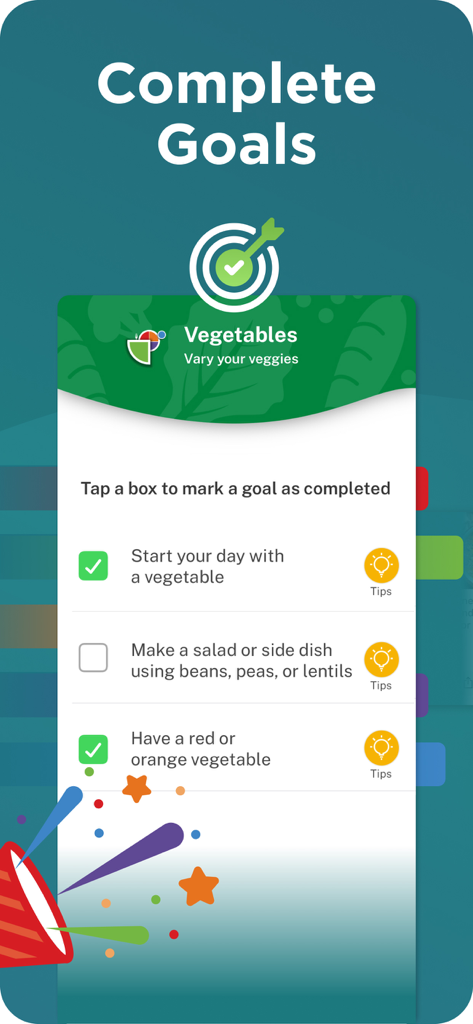 A mobile app interface displaying a checklist for daily vegetable consumption goals within the Start Simple with MyPlate app.