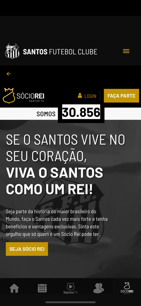 Santos FC - Official Santos FC app screen for the Socio Rei membership program showing a member counter and registration button