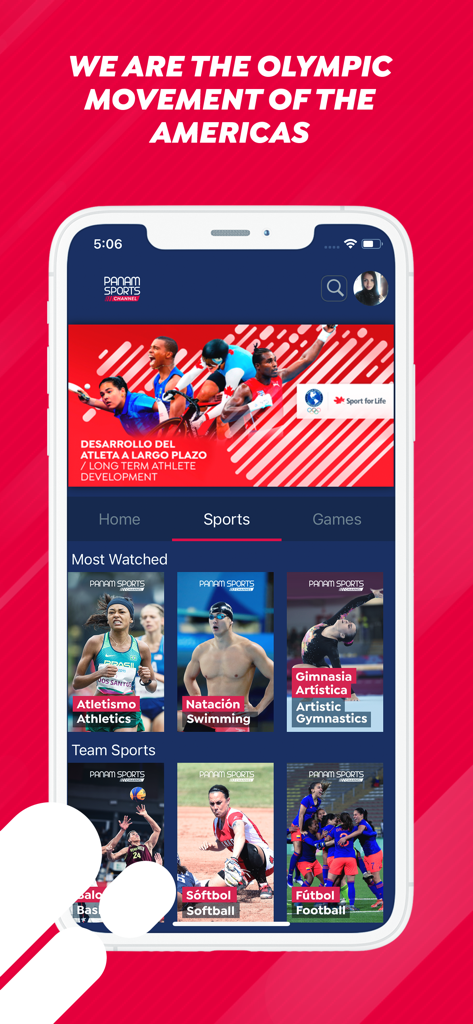 Panam Sports Channel - Interface de l'application mobile Panam Sports Channel montrant diverses catégories sportives, y compris l'athlétisme, la natation et la gymnastique.