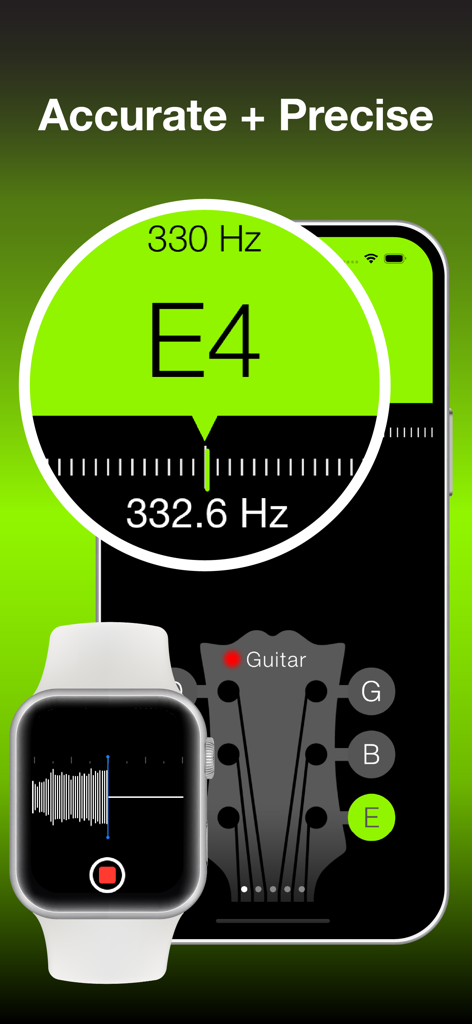 Guitar Tuner & Tone Generator - Interfaz de la aplicación de afinador de guitarra en iPhone y Apple Watch para una afinación precisa.