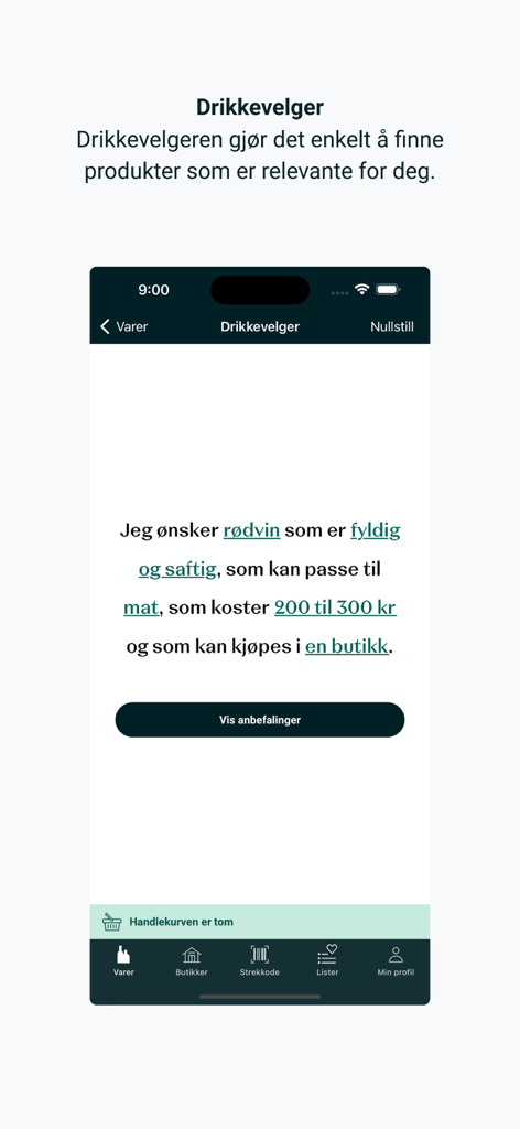 Vinmonopolet - Vinmonopolet app interface showing the drink selector feature with specific wine preferences