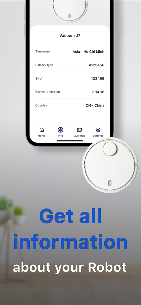 Screenshot of the Robot iVacuum app showing technical details for a Vacuum J7 including battery type, software version, and manufacturing country.