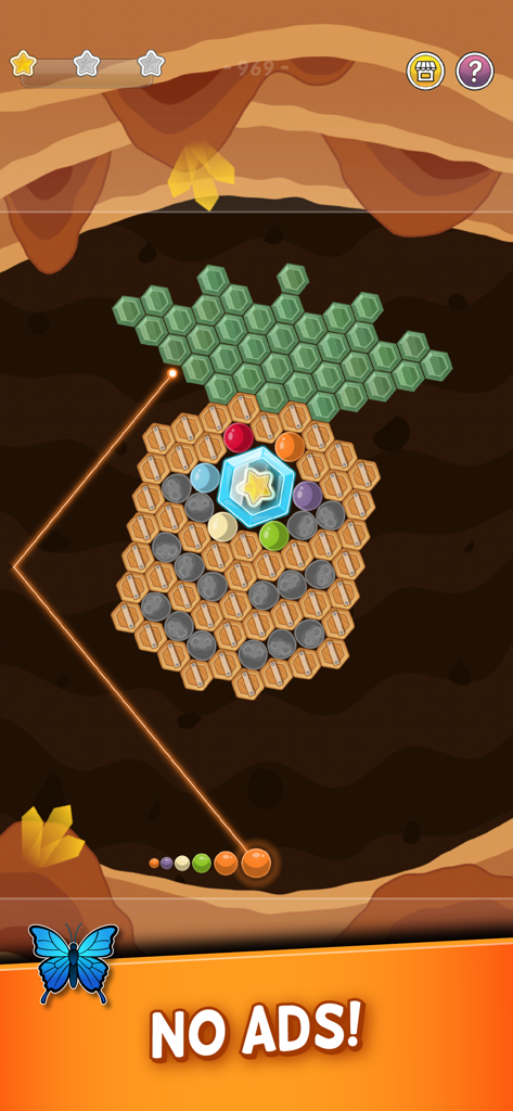 Gameplay of Bubble Cloud Spinning Match-3 featuring a pineapple shaped bubble puzzle and a no ads banner.
