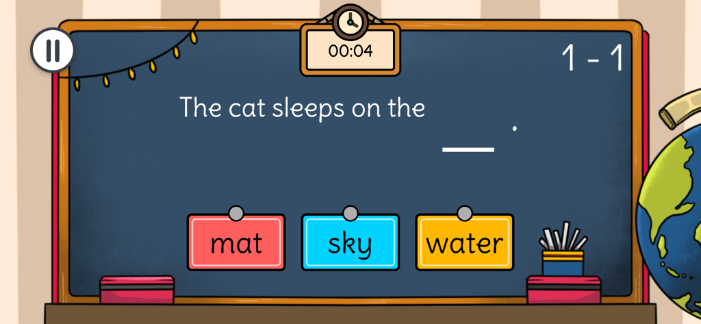 Word Gaps – English Word Quiz - 단어 채우기 영어 퀴즈 게임 플레이 스크린샷, 칠판에 빈칸 채우기 문장 표시