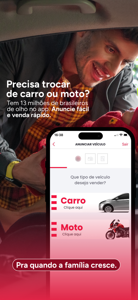 Webmotors-App-Oberfläche mit Optionen zur Werbung für ein Auto oder Motorrad zum Verkauf