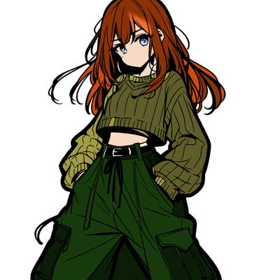 anime teen girl with baggy pants and crop top with sweater