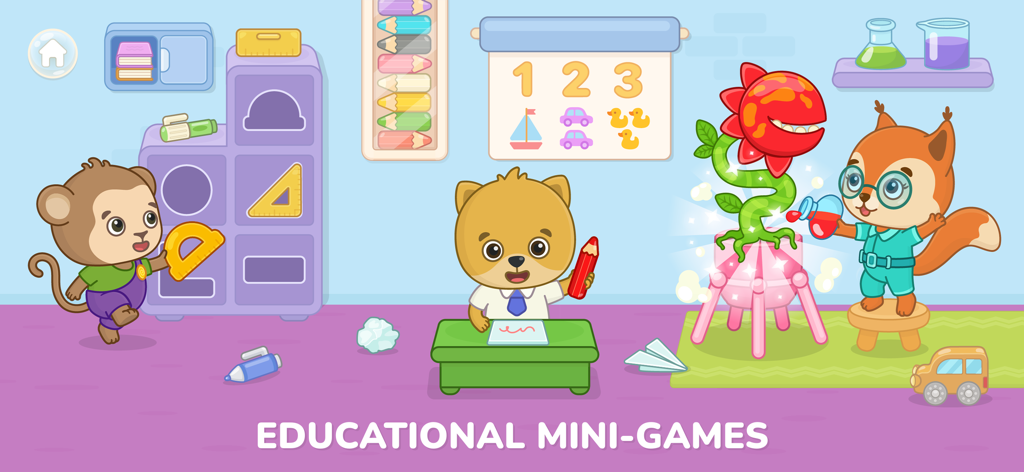 Personnages Bimi Boo participant à des mini-jeux éducatifs dans un décor de salle de classe