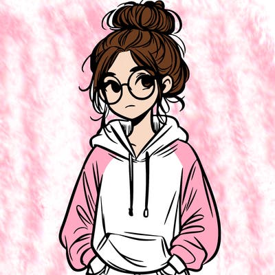 teen girl with a messy bun and glasses wearing a loose hoodie and jeans