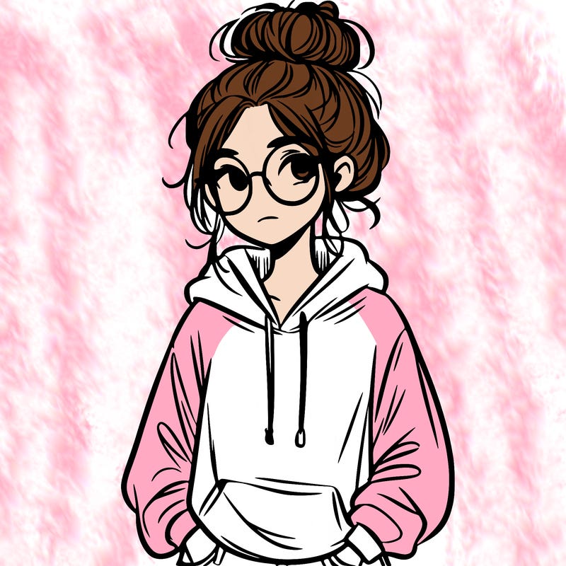teen girl with a messy bun and glasses wearing a loose hoodie and jeans