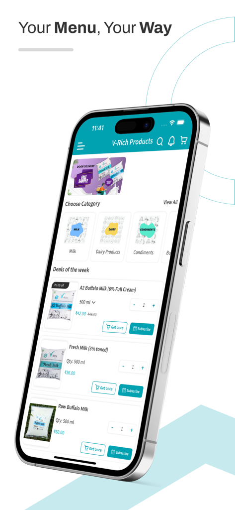 V-Rich Products - V-Rich Products mobile app interface showing categories for farm fresh A2 milk and dairy products