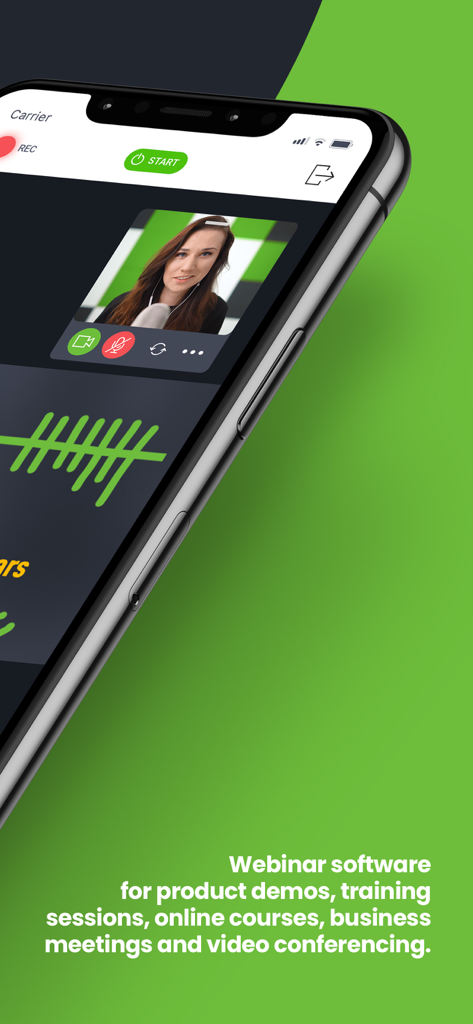 ClickMeeting mobile app interface showing a live video webinar with a presenter and professional meeting features