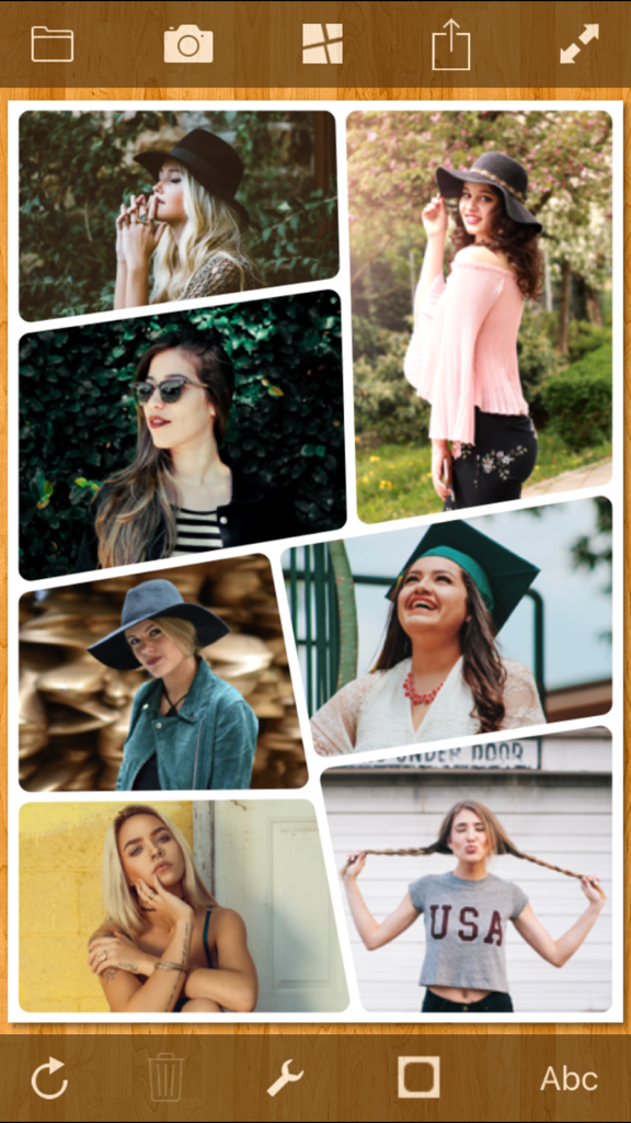 TurboCollage - Collage Creator - A mobile app interface displaying a stylized photo collage with six pictures of women